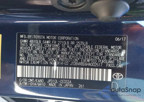 2017 Toyota Mirai из США, поврежденный, VIN JTDBVRBD6HA002517